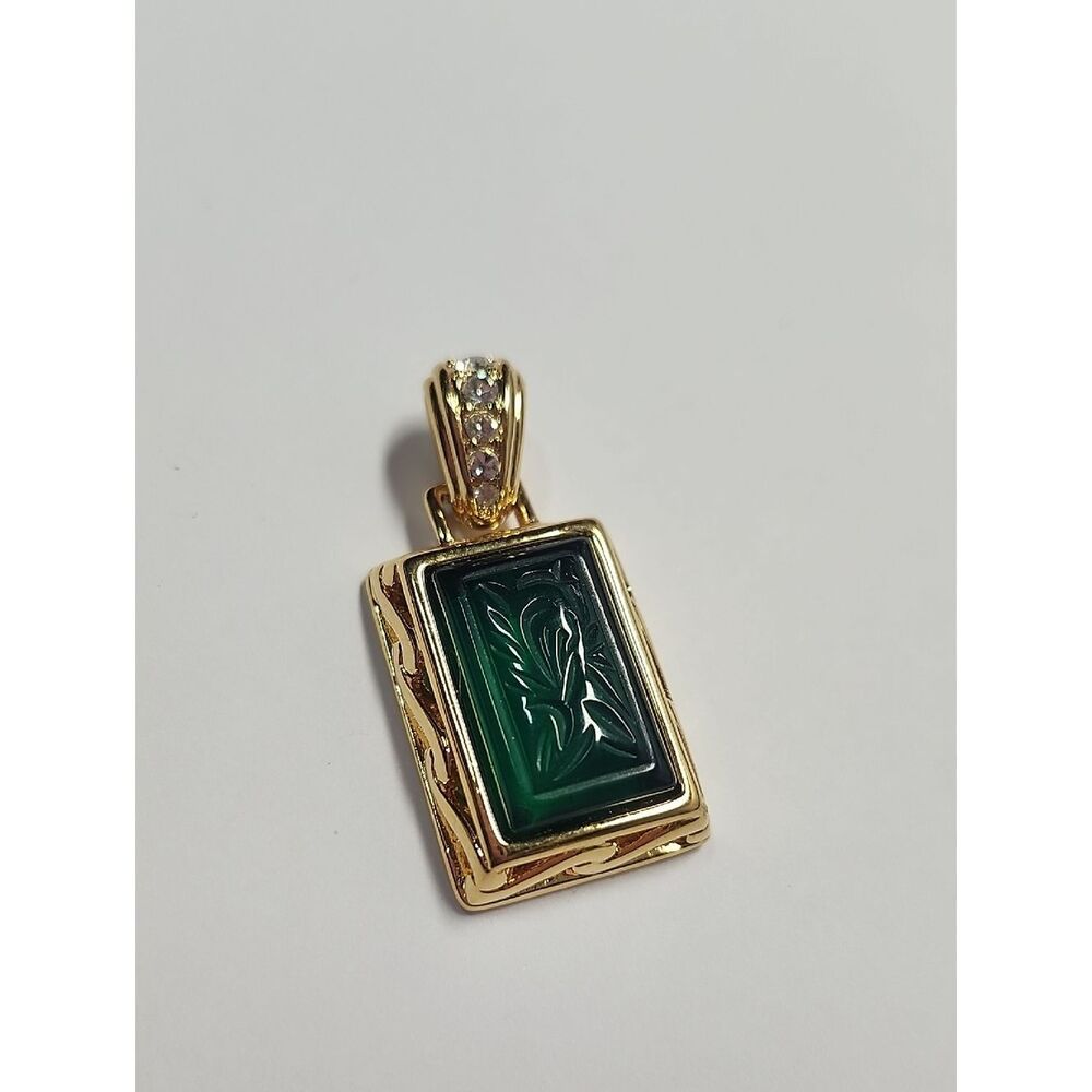 Nolan Miller Pendant Gold Green Engraved Glass